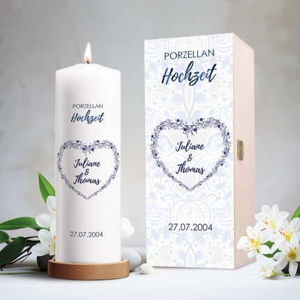 SEO. Große Kerze "Porzellanhochzeit" - Hochzeitskerze mit Namen, Datum & Wunschtext - ohne Kiste Linkreich