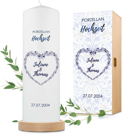SEO. Große Kerze "Porzellanhochzeit" - Hochzeitskerze mit Namen, Datum & Wunschtext - mit Kiste Linkreich