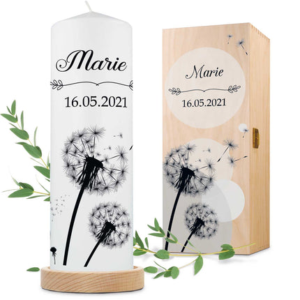 SEO. Große Kerze "Pusteblume" - Trauerkerze mit Namen & Datum - ohne Kiste Linkreich