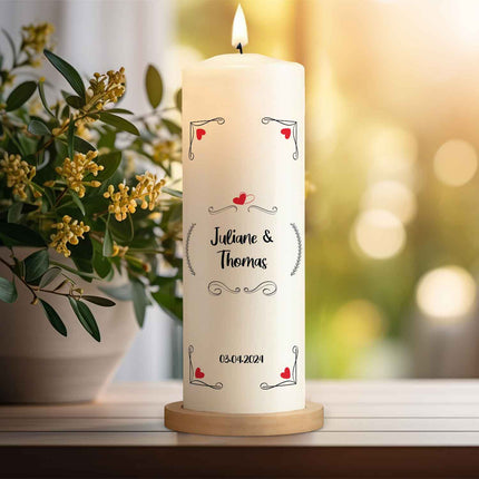 SEO. Große Kerze "Red Hearts" - Hochzeitskerze mit Namen, Datum & Wunschtext - Linkreich