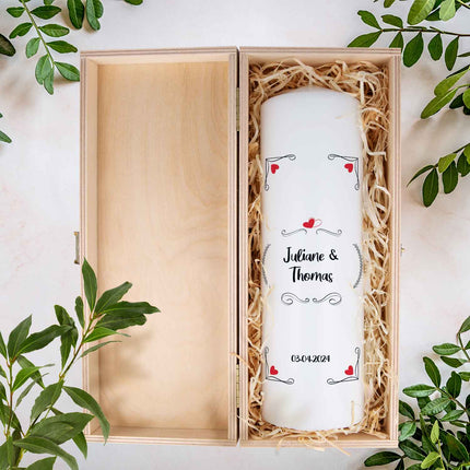 SEO. Große Kerze "Red Hearts" - Hochzeitskerze mit Namen, Datum & Wunschtext - Linkreich