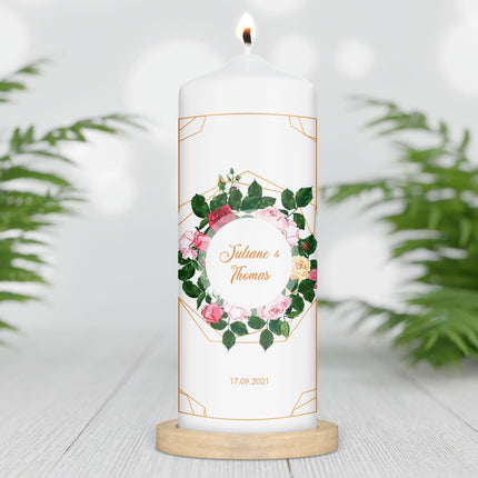 SEO. Große Kerze "Rosen" - Hochzeitskerze mit Namen, Datum & Wunschtext - Linkreich