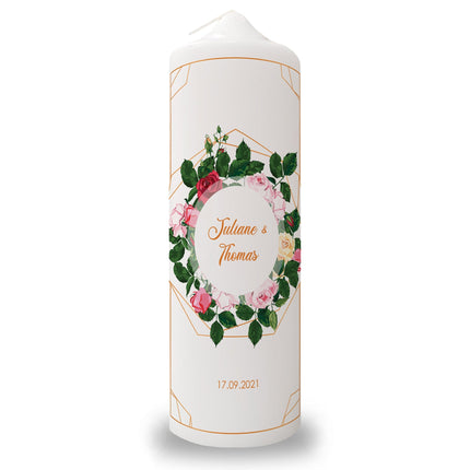 SEO. Große Kerze "Rosen" - Hochzeitskerze mit Namen, Datum & Wunschtext - Linkreich