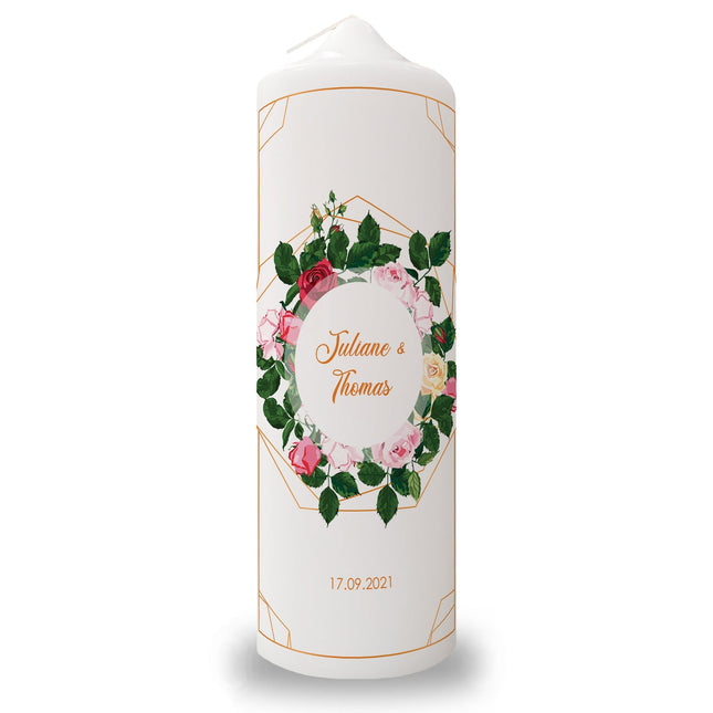 SEO. Große Kerze "Rosen" - Hochzeitskerze mit Namen, Datum & Wunschtext - Linkreich