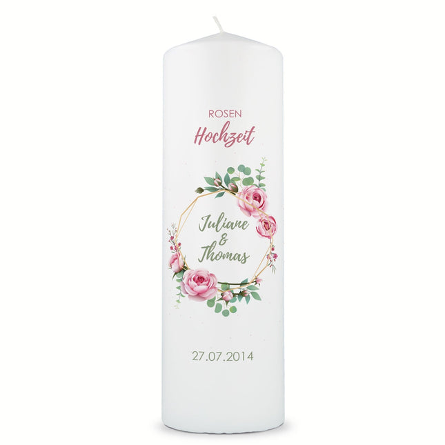 SEO. Große Kerze "Rosenhochzeit" - Hochzeitskerze mit Namen, Datum & Wunschtext - ohne Kiste Linkreich