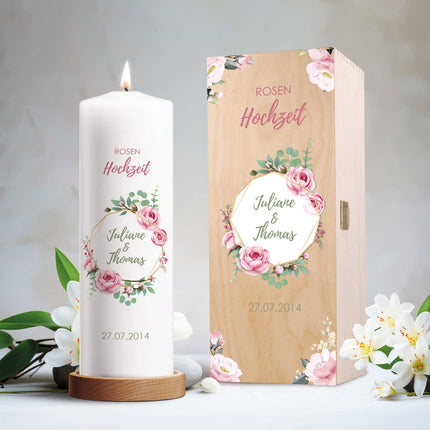 SEO. Große Kerze "Rosenhochzeit" - Hochzeitskerze mit Namen, Datum & Wunschtext - ohne Kiste Linkreich