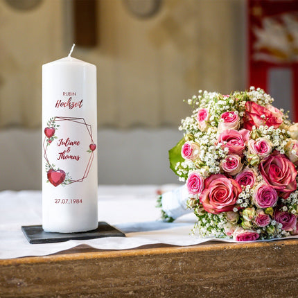 SEO. Große Kerze "Rubinhochzeit" - Hochzeitskerze mit Namen, Datum & Wunschtext - ohne Kiste Linkreich