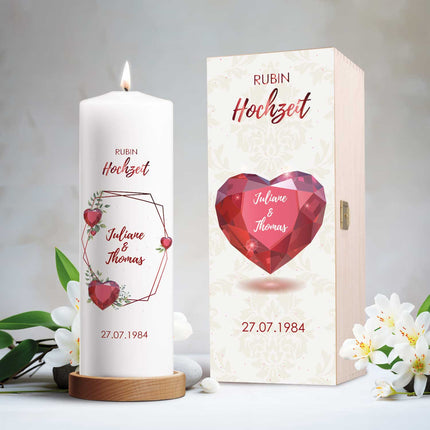 SEO. Große Kerze "Rubinhochzeit" - Hochzeitskerze mit Namen, Datum & Wunschtext - ohne Kiste Linkreich
