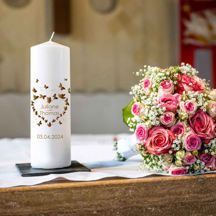 SEO. Große Kerze "Schmetterlingsherz" - Hochzeitskerze mit Namen & Datum - Linkreich
