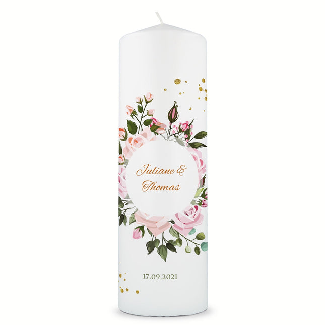 SEO. Große Kerze "Summer & Flower" - Hochzeitskerze mit Namen, Datum & Wunschtext - ohne Kiste Linkreich