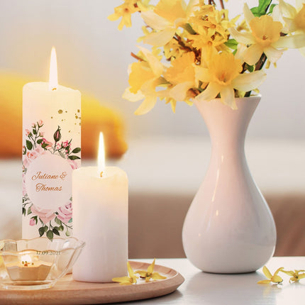SEO. Große Kerze "Summer & Flower" - Hochzeitskerze mit Namen, Datum & Wunschtext - mit Kiste Linkreich