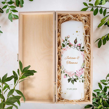 SEO. Große Kerze "Summer & Flower" - Hochzeitskerze mit Namen, Datum & Wunschtext - mit Kiste Linkreich