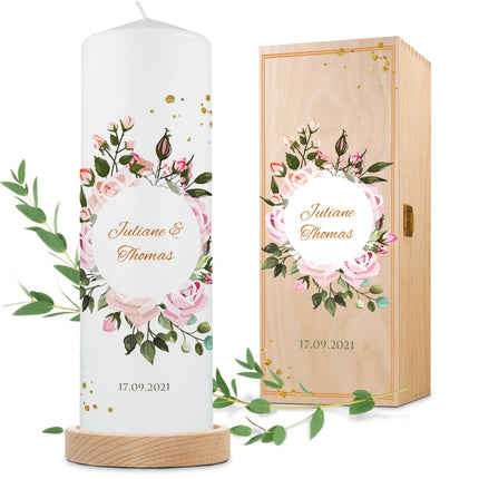 SEO. Große Kerze "Summer & Flower" - Hochzeitskerze mit Namen, Datum & Wunschtext - ohne Kiste Linkreich