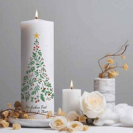SEO. Große Kerze "Tannenbaum" bedruckt mit Namen & Wunschtext zu Weihnachten - Linkreich