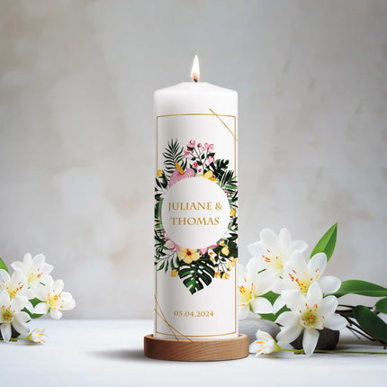 SEO. Große Kerze "Tropical" - Hochzeitskerze mit Namen, Datum & Wunschtext - ohne Kiste Linkreich