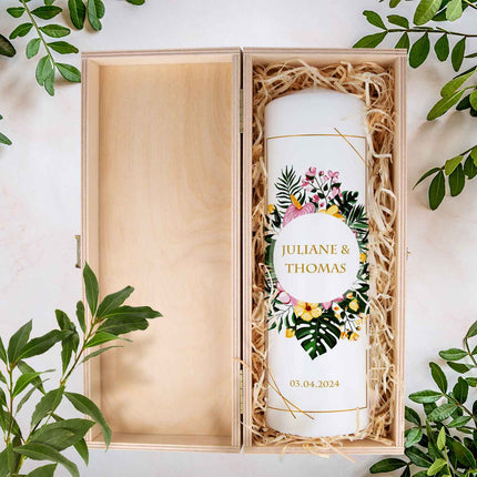 SEO. Große Kerze "Tropical" - Hochzeitskerze mit Namen, Datum & Wunschtext - ohne Kiste Linkreich