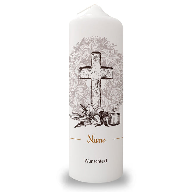 SEO. Große Kerze "Vintage Kreuz" - Trauerkerze mit Namen & Wunschtext - Linkreich