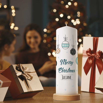 SEO. Große Kerze "Weihnachtskugel" mit eigenem Namen zu Weihnachten - Blau Linkreich
