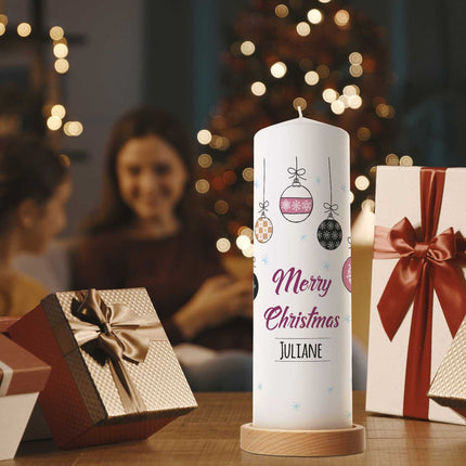 SEO. Große Kerze "Weihnachtskugel" mit eigenem Namen zu Weihnachten - Lila Linkreich