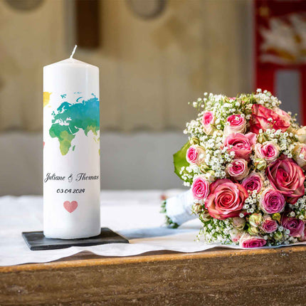SEO. Große Kerze "Weltkarte" Hochzeitskerze mit Namen, Datum und Wunschtext - Linkreich