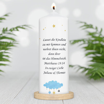 SEO. Große Kerze "Wolkenschaukel" - Trauerkerze mit Namen, Datum & Wunschtext - Blau Linkreich