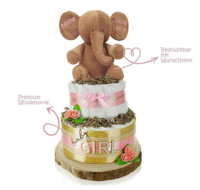 Windeltorte LITTLE PEANUT mit Kuschelelefant rosa