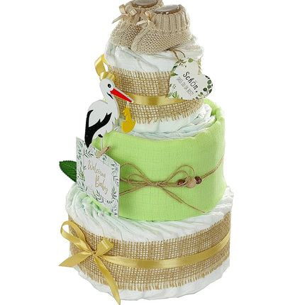 Windeltorte Storch mit Babybooties und Mullwindel grün