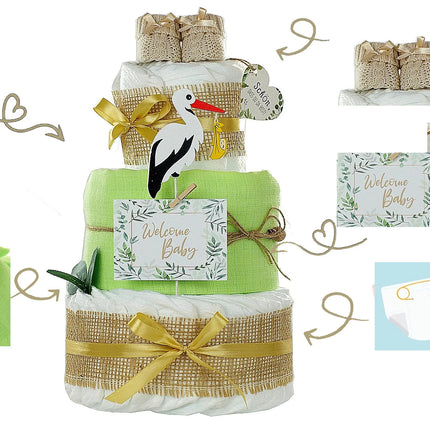 Windeltorte Storch mit Babybooties und Mullwindel grün