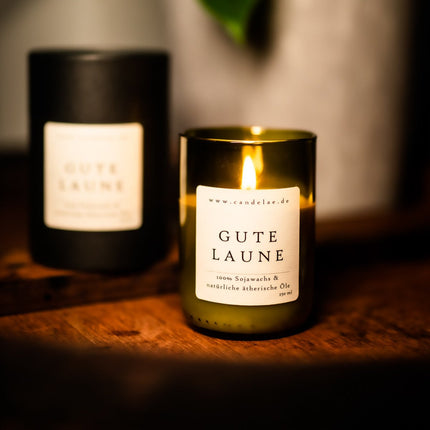 Gute Laune – Duftkerze aus Sojawachs mit frischen Zitrusnoten für positive Energie (Kerze aus alter Weinflasche) kaufen bei Linkreich – Jetzt entdecken!