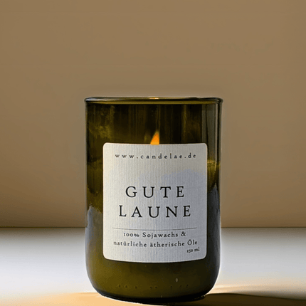 Gute Laune – Duftkerze aus Sojawachs mit frischen Zitrusnoten für positive Energie (Kerze aus alter Weinflasche) kaufen bei Linkreich – Jetzt entdecken!