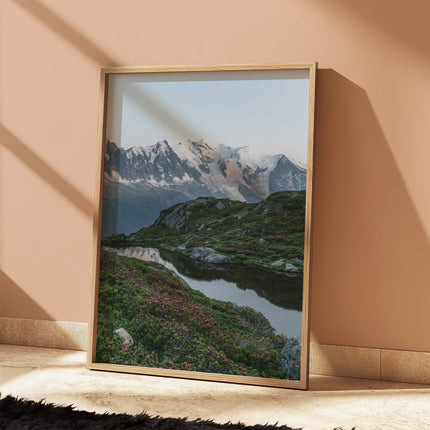 Lac de la Flégère Print – Mont Blanc Reflections with Wildflowers, Chamonix