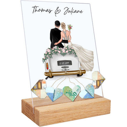 SEO. Hochzeitsauto auf Acrylglas - Personalisiertes Geldgeschenk zur Hochzeit - Linkreich