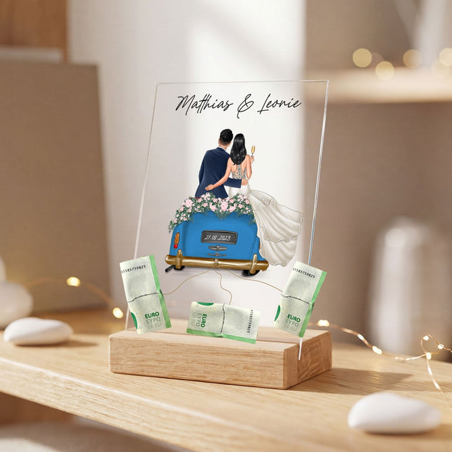 SEO. Hochzeitsauto auf Acrylglas - Personalisiertes Geldgeschenk zur Hochzeit - Linkreich