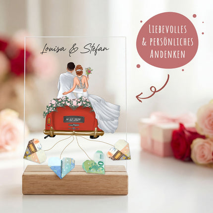 SEO. Hochzeitsauto auf Acrylglas - Personalisiertes Geldgeschenk zur Hochzeit - Linkreich