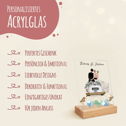 SEO. Hochzeitsauto auf Acrylglas - Personalisiertes Geldgeschenk zur Hochzeit - Linkreich