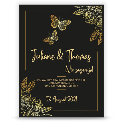 SEO. Hochzeitseinladungskarte im Black & Golden Butterflies Design - Linkreich