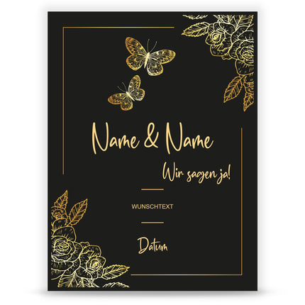 SEO. Hochzeitseinladungskarte im Black & Golden Butterflies Design - Linkreich