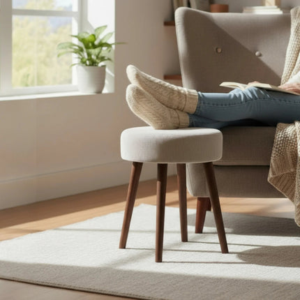 Hocker Fußhocker Polsterhocker Cord Holzbeine Sitzhocker rund beige 35x45 cm (Hocker) kaufen bei Linkreich – Jetzt entdecken!