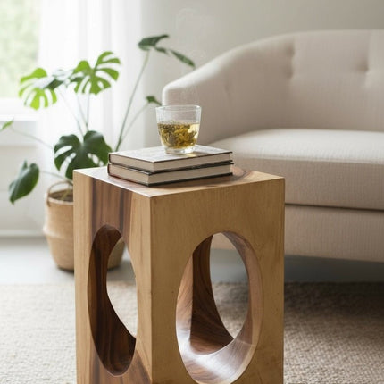Holz Beistelltisch – Couchtisch Blumenhocker Hocker - Handgefertigt – Eckig mit O - Ausschnitt Suarholz - 45x30x30 cm (Beistelltisch) kaufen bei Linkreich – Jetzt entdecken!