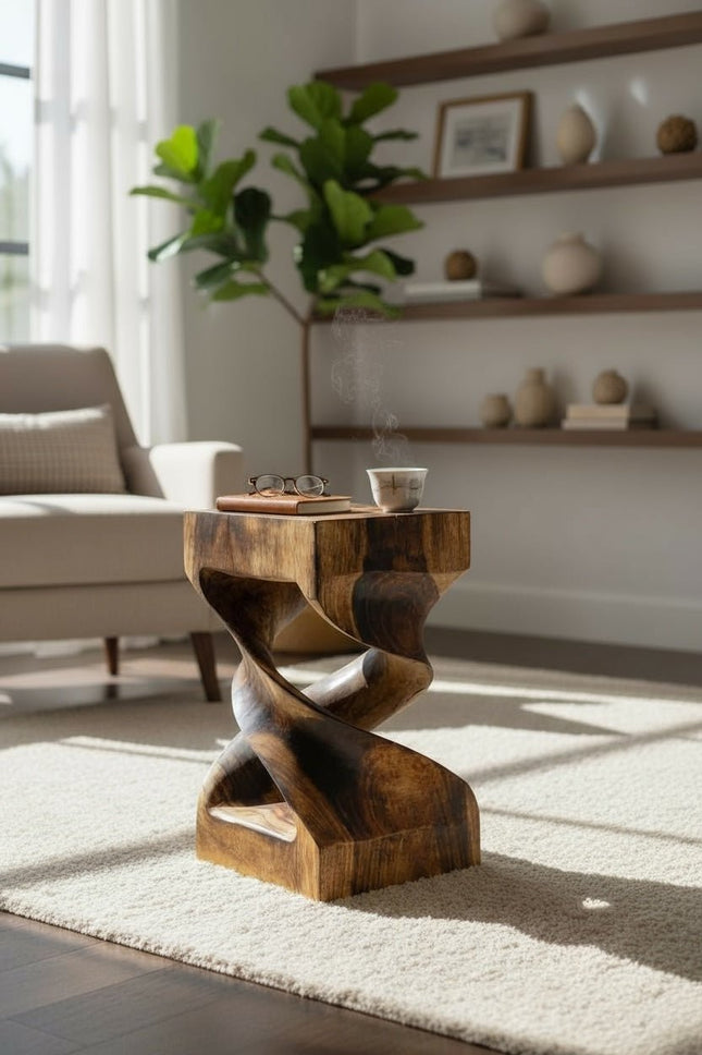 Holz Beistelltisch - Holzhocker Couchtisch - Flambierter Handgefertigt - Gedreht aus massivem Suarholz - 50x28x28 cm () kaufen bei Linkreich – Jetzt entdecken!