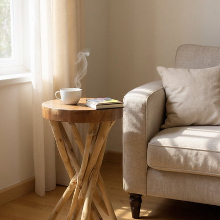 Holz Beistelltisch – Holzhocker Couchtisch – Handgefertigt – Verzweigt aus Suar - und Teakholz – 50x28x28 cm (Beistelltisch) kaufen bei Linkreich – Jetzt entdecken!