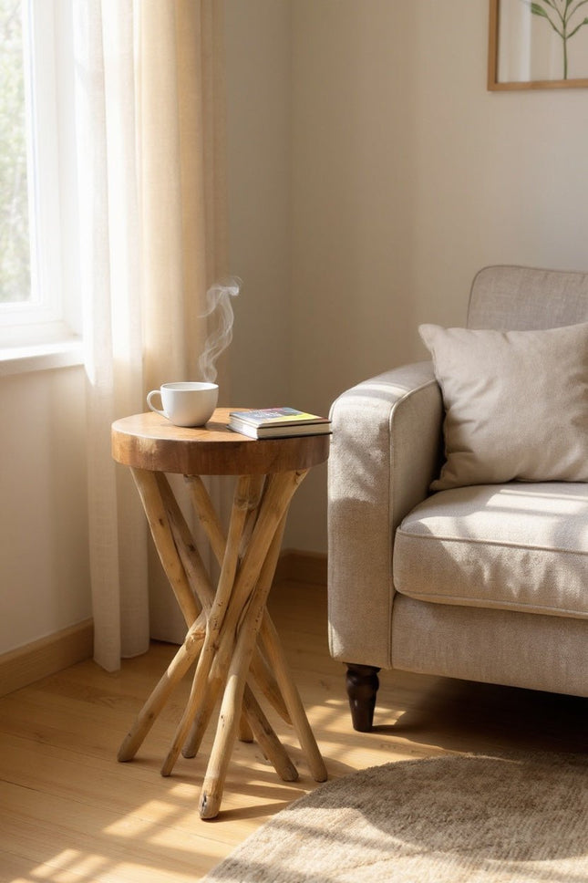 Holz Beistelltisch – Holzhocker Couchtisch – Handgefertigt – Verzweigt aus Suar - und Teakholz – 50x28x28 cm (Beistelltisch) kaufen bei Linkreich – Jetzt entdecken!