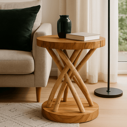 Holz Beistelltisch – Holzhocker Couchtisch – Handgefertigt – Verzweigt aus Suar - und Teakholz – 50x40x40 cm (Beistelltisch) kaufen bei Linkreich – Jetzt entdecken!