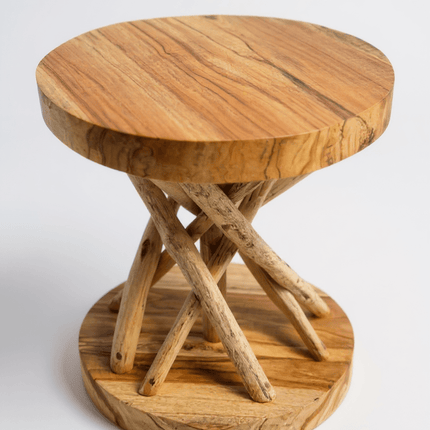 Holz Beistelltisch – Holzhocker Couchtisch – Handgefertigt – Verzweigt aus Suar - und Teakholz – 50x40x40 cm (Beistelltisch) kaufen bei Linkreich – Jetzt entdecken!