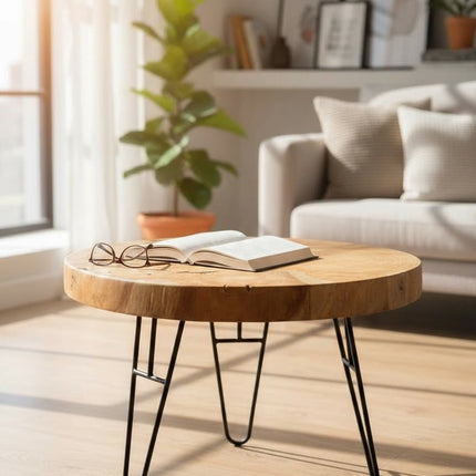 Holz Couchtisch – Beistelltisch Kaffeetisch – Mit drei Metallbeinen – Rund aus Teakholz – 60x60x43 cm (Beistelltisch) kaufen bei Linkreich – Jetzt entdecken!