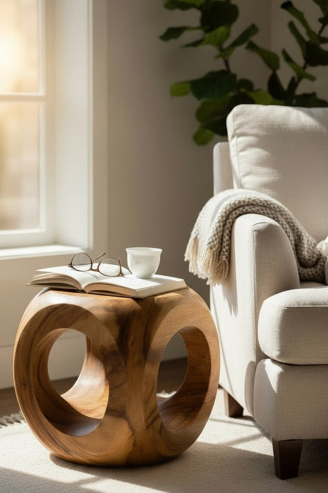 Holz Hocker – Pflanzenhocker Beistelltisch – Modern mit rundem Ausschnitt – Würfelform aus Massivholz – 40x40x40 cm (Beistelltisch) kaufen bei Linkreich – Jetzt entdecken!