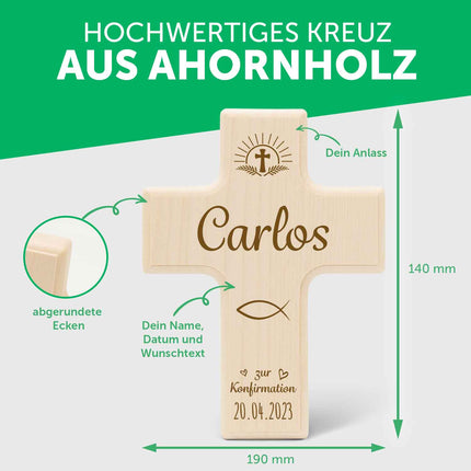 SEO. Holzkreuz mit Gravur - Für Kinder zu versch. Anlässen - Personalisierbar mit Namen & Datum - Konfirmation Linkreich