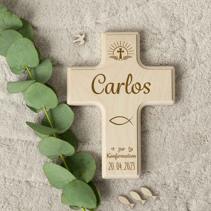 SEO. Holzkreuz mit Gravur - Für Kinder zu versch. Anlässen - Personalisierbar mit Namen & Datum - Konfirmation Linkreich