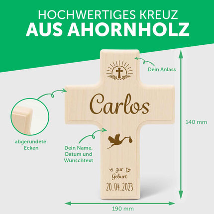 SEO. Holzkreuz mit Gravur - Für Kinder zu versch. Anlässen - Personalisierbar mit Namen & Datum - Geburt Linkreich