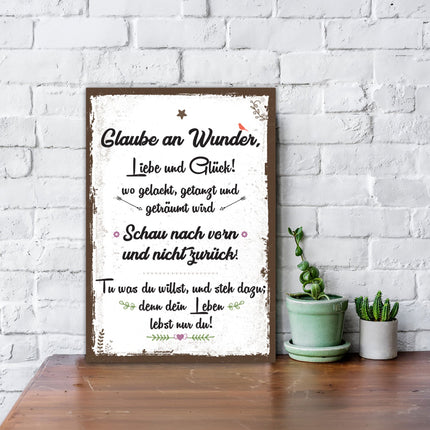 SEO. Holzschild Glaube an Wunder Liebe & Glück - Linkreich